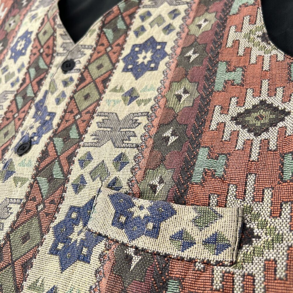 Vintage 90s Tapestry Waistcoat Vest Aztec Southwestern Tribal Pattern Men's XL - Picture 7 of 16